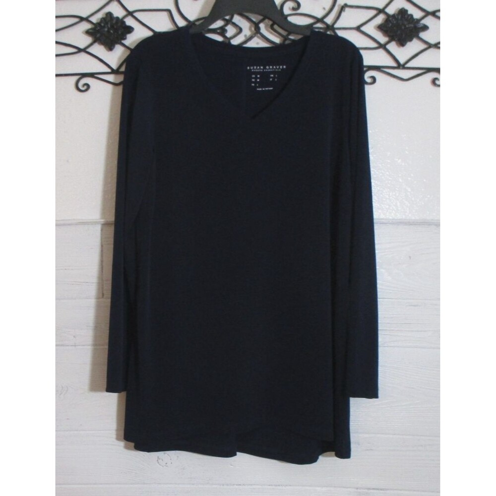 Susan Graver Knit Tunic Top Women's Size M Blue Long Sleeve V Neck